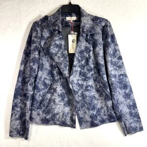 NWT Solitaire Medium Jacket Cardigan Blue Printed Faux Suede Moto Waterfall Cute